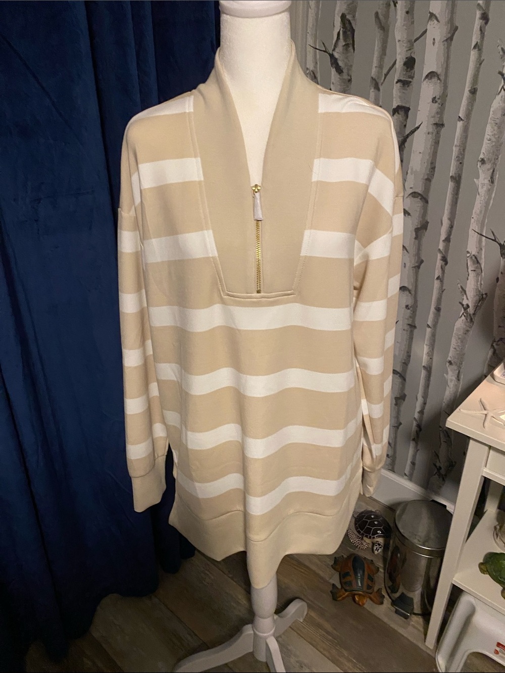 Belle by Kim Gravel Beige and White Striped Quarter-Zip Sweater